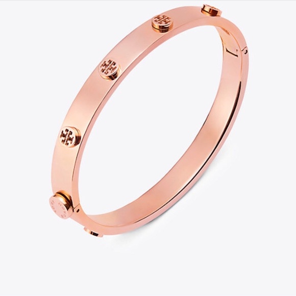 Tory Burch Jewelry - TORY BURCH Rose Gold Logo Studded Hinged Bracelet